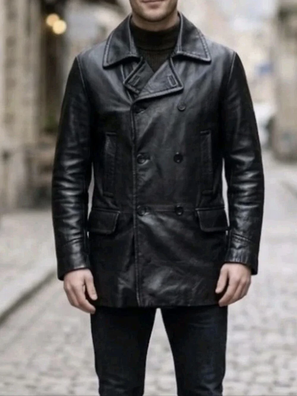 Banana Republic Men's Double-Breasted Leather Pea Coat in Black Size M.